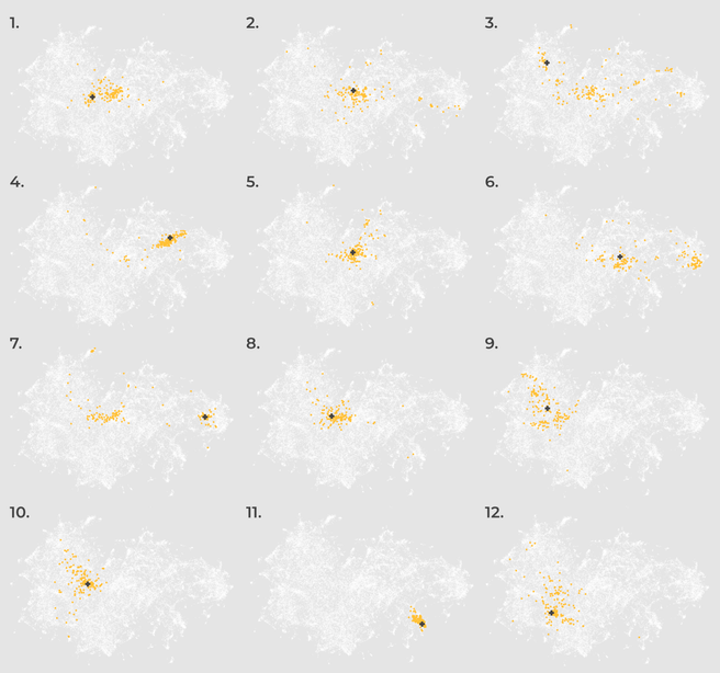UMAP of the embedding space. For each of the twelve questions, the query is shown as a cross and the yellow points are the retrieved paragraphs most similar to it, which were used to answer it.